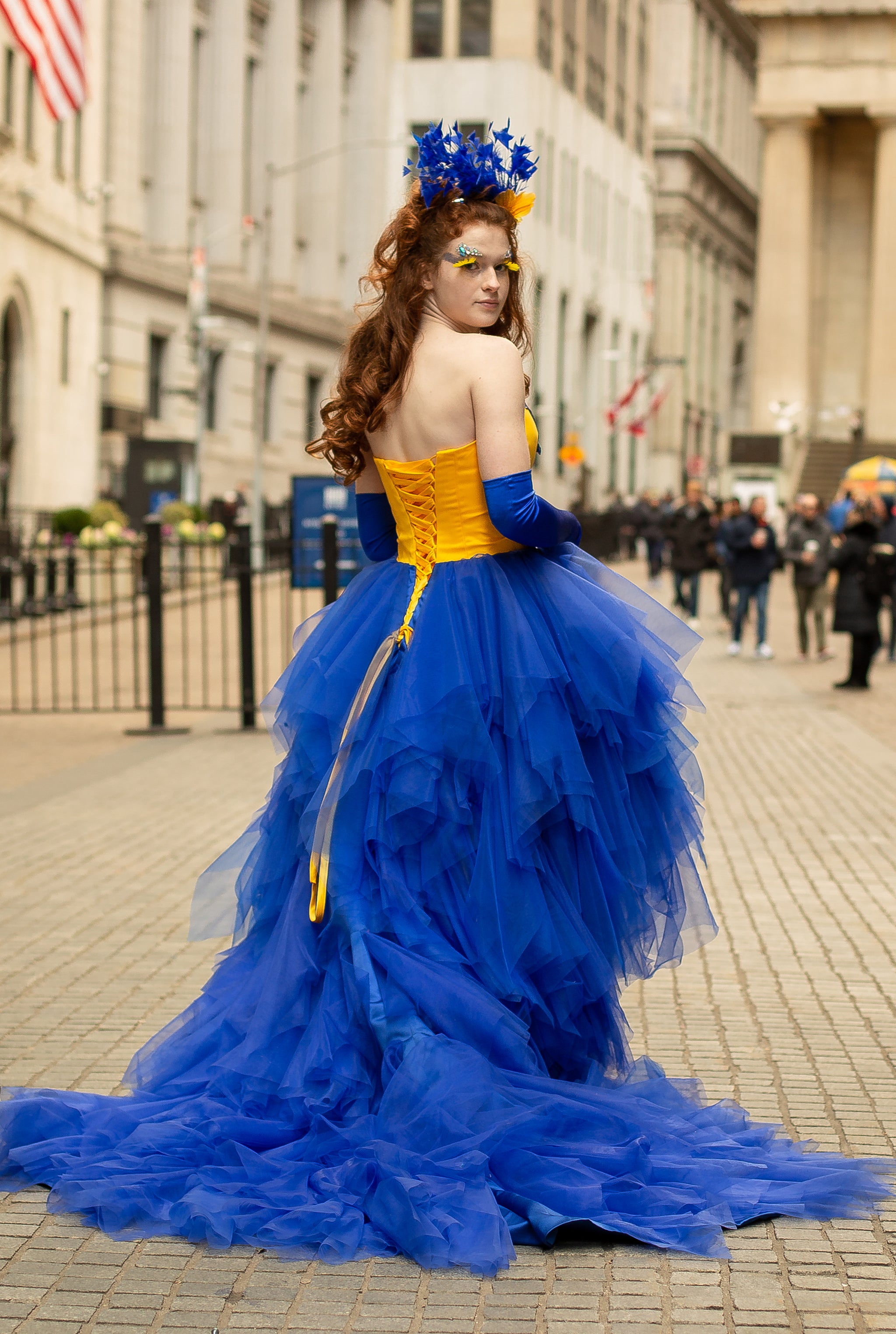 blue and yellow long dress Floral Yellow and Blue A Line Sweetheart Long Corset Prom Dress with Bow